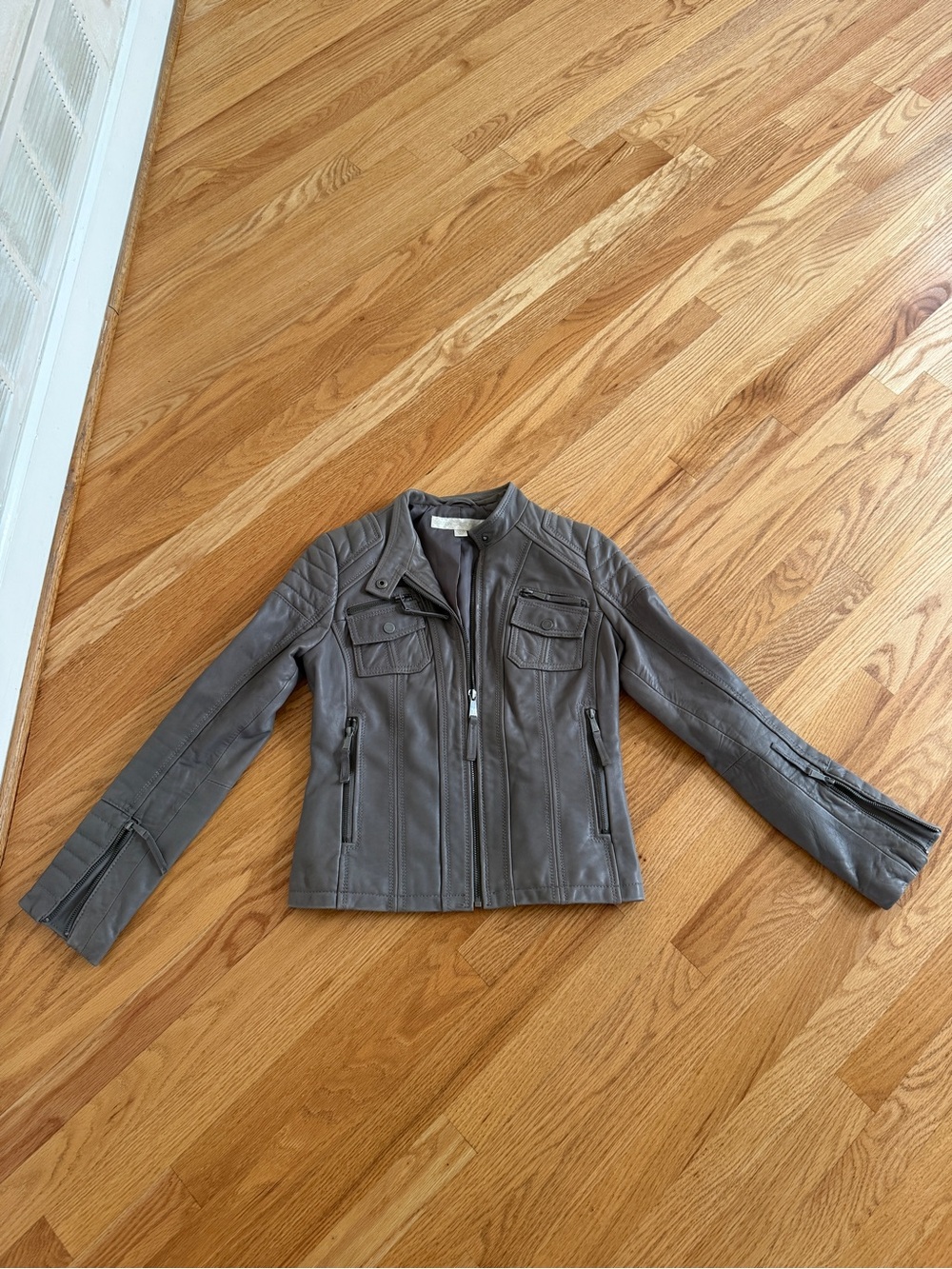 Gray leather jacket zip up Boston proper moto jacket